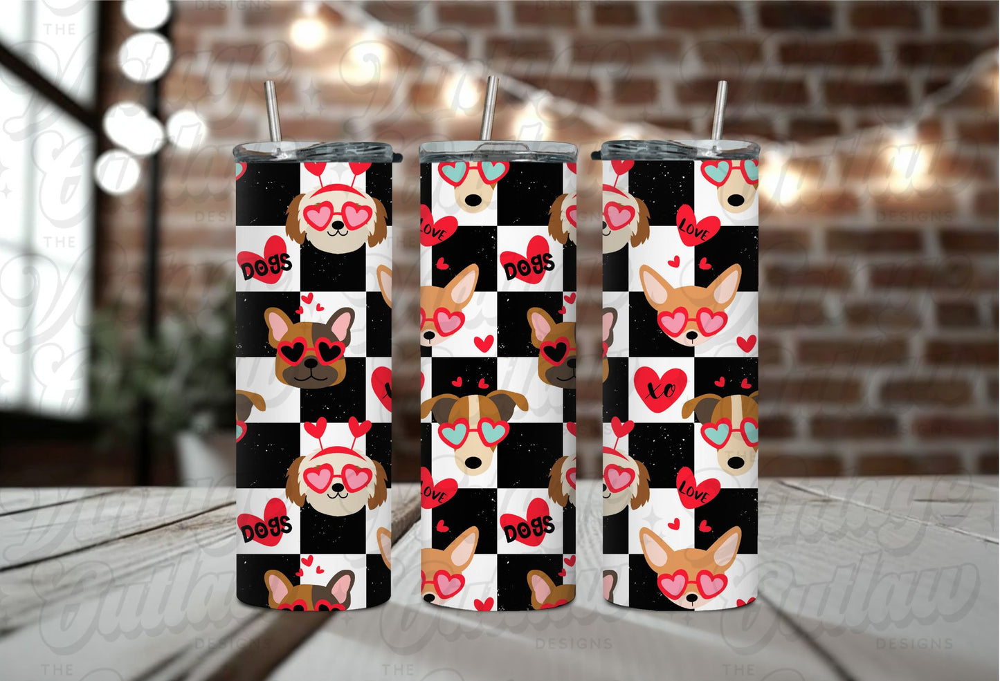 Valentine Checkered Puppies Tumbler